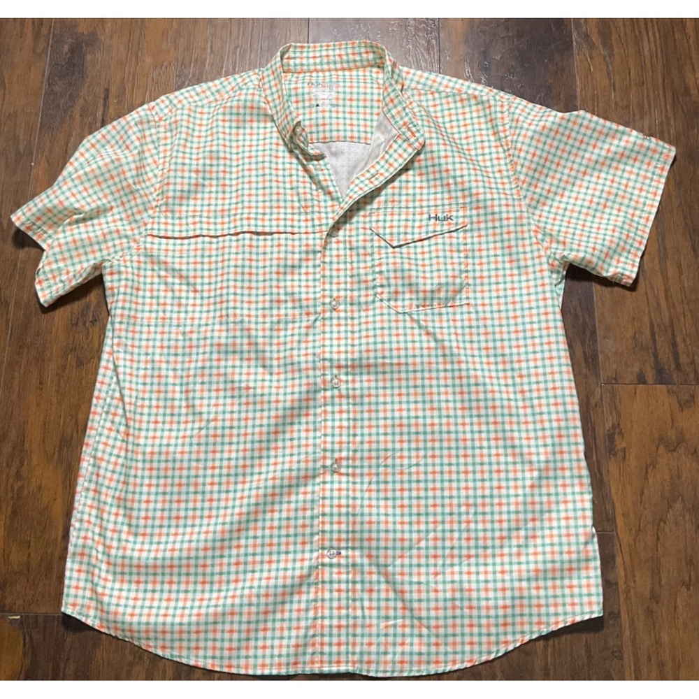 Huk Mens XL Fishing Shirt Short Sleeve Plaid Gingham Orange Green Performance